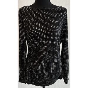 Talbots Black and White Stretchy Keyhole Neck Long Sleeve Top Ruched Sides Sz M